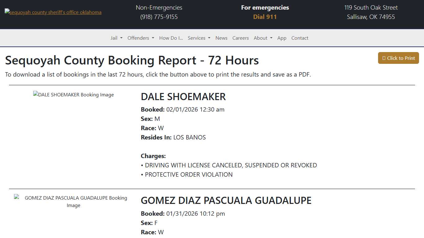 72 Hour Booking Report Sequoyah County Sheriff's Office