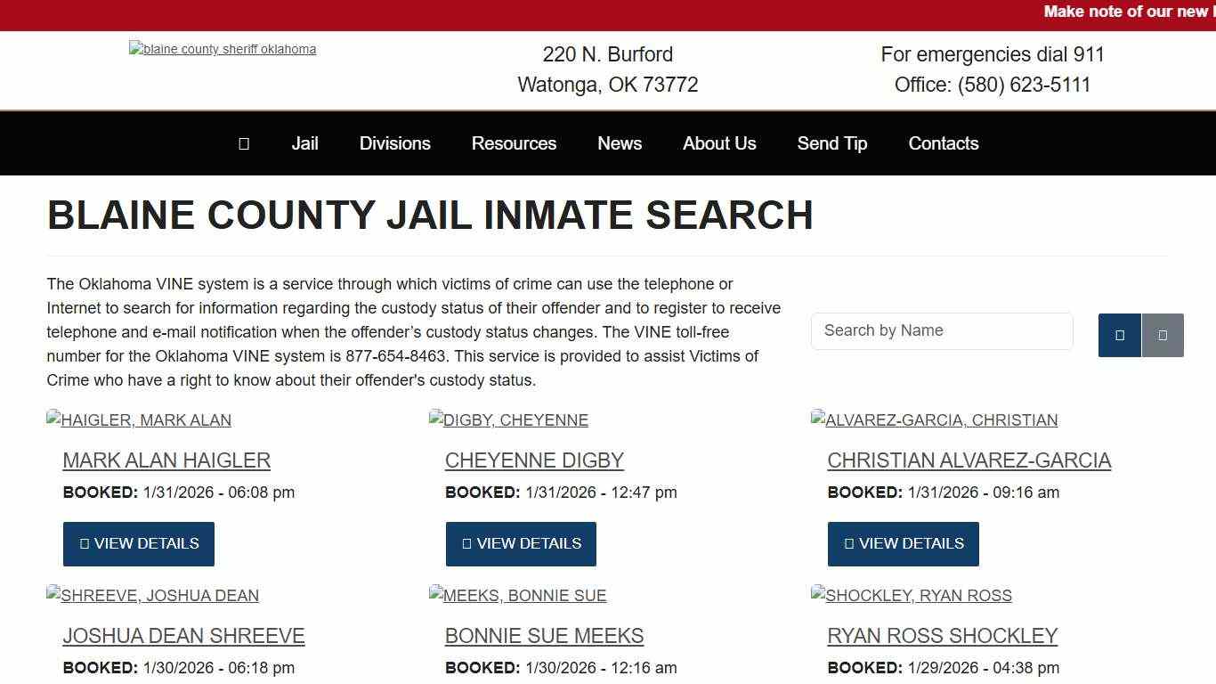 Inmate Search - Blaine County Sheriff's Office Oklahoma Watonga, OK