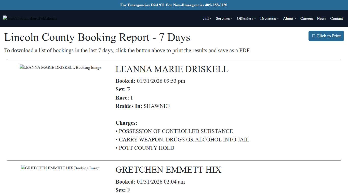 7 Day Booking Report Lincoln County Sheriff's Office